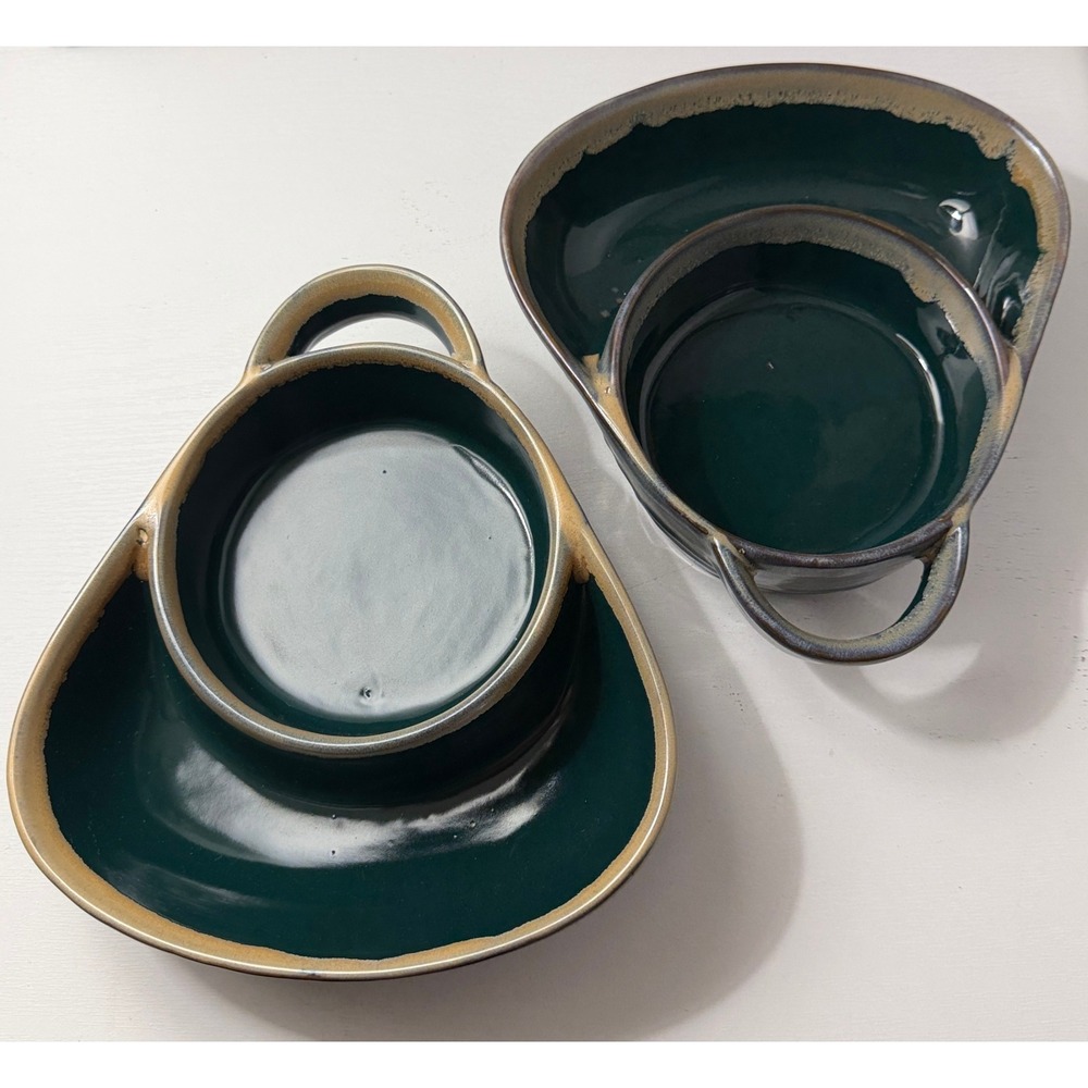 Ceramic Serving Bowl Chip Dip Chili Crackers Green MCM Rustic Set